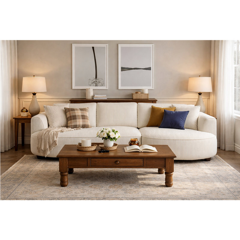 Canapé modulaire incurvé 122 po avec méridienne recouverte de velours côtelé 122 po, Velours côtelé blanc, Orienté à droite