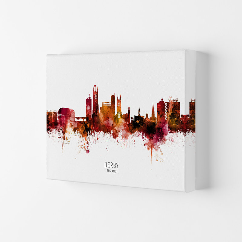 Derby England Skyline Red City Name by Michael Tompsett - Print, 21cm H x 29.7cm W x 4cm D, Wrapped Canvas
