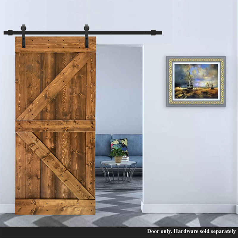 Porte de grange à panneaux en bois et métal K Series sans trousse de quincaillerie d'installation, Noyer, H 38 po x l 84 po