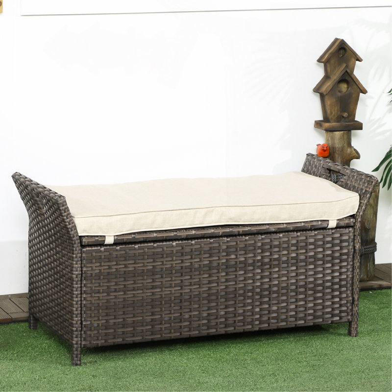 27 Gallon Patio Wicker Storage Bench, Outdoor PE Rattan Patio Furniture, 2-In-1 Large Capacity Rectangle Garden Storage Box With Handles And Cushion, Cream White