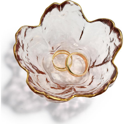 Plat à bijoux en verre rose à bordure dorée