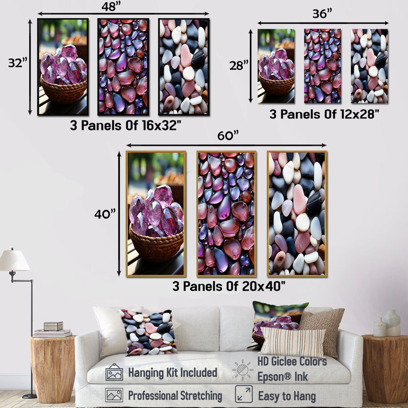 Zen - Améthyste mauve I - Ensemble de 3 impressions sur toile, Cadre flottant noir, H 40 po x l 60 po