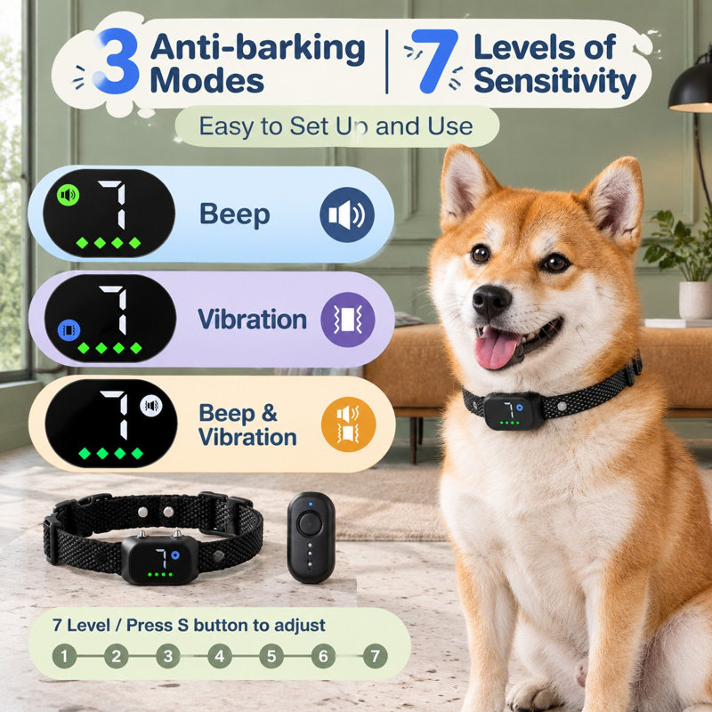 For small to medium dogs, this waterproof rechargeable smart training collar helps manage barking through beep-and-vibration operation with adjustable sensitivity.