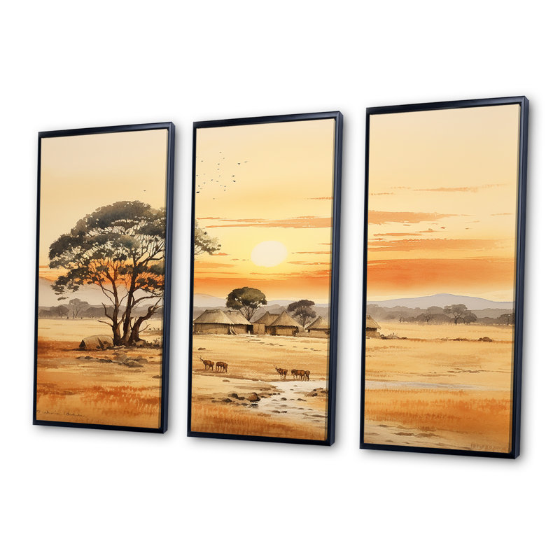 «Beige African Safari Landscape IV - Art mural africain», Cadre flottant noir, H 32 po x l 48 po x P 1 po
