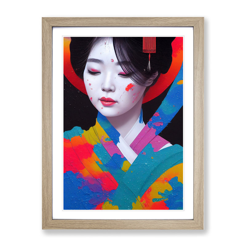 Paint Splashed Geisha No.1 - Framed Print, 46cm H x 34cm W x 2cm D, Oak Framed