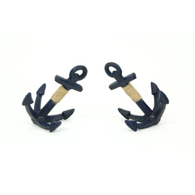 Nautical blue enamel cast iron anchor bookends with twine accents, set of 2 — 4.25" L x 3.25" W x 4.75" H