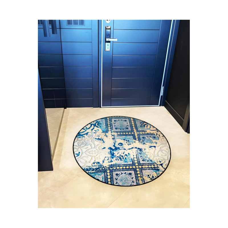 Blue Ethnic Beige Detailed Woven Base Modern Decorative Carpet, Round 2'8"