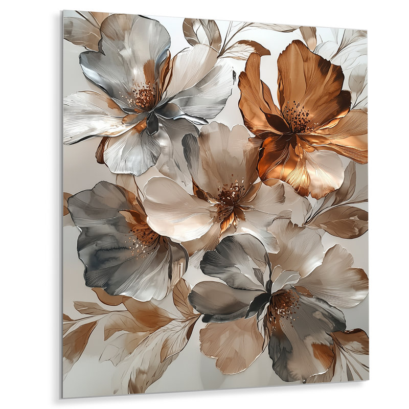 Metallic Copper And Chrome Abstract Flowers II - Abstract Flowers Metal Wall Decor, 32" H x 24" W