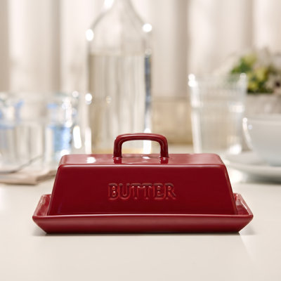  Ceramic Extra Large Butter Dish With Lid, Embossed, Red