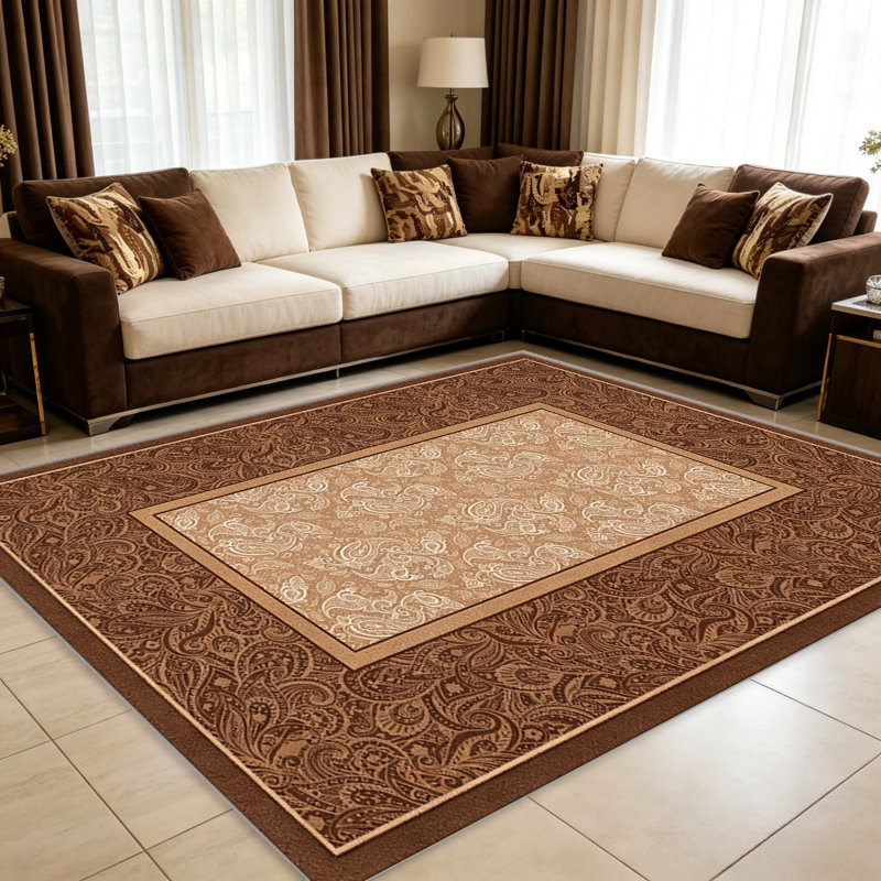 Brown Paisley Border carpet-easy to clean, machine-washable, soft and comfortable; suitable for door mats, kitchens, living rooms, bedrooms, corridors, and laundry areas. Easy to clean, durable carpet for home decoration.