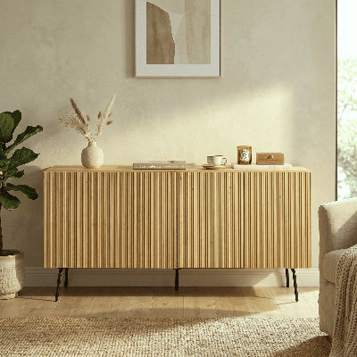 Buffet moderne Doud avec 3 à 4 portes, armoire à rainure verticale et pieds en métal, armoire de rangement pour le salon et le couloir, assemblage sans effort