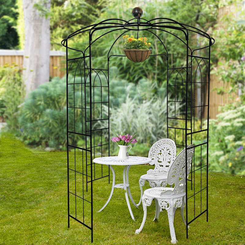 Élégante arche de jardin en métal avec motif de cage à oiseaux, parfaite pour les mariages en plein air et la décoration de jardin, noir