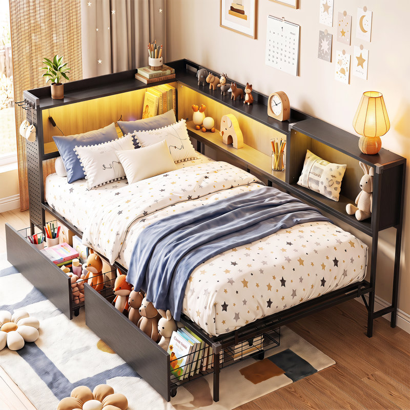 Lit de jour avec 2 tiroirs, lit d'angle avec bibliothèque et base de chargement, lit plateforme en métal pour chambre à coucher, chambre d'amis
