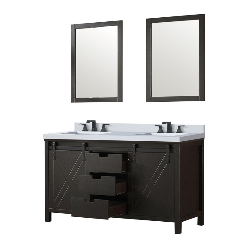 Meuble-lavabo double l 60 po x P 22 po, comptoir en quartz blanc, ensemble de robinets et miroirs 24 po, Brun
