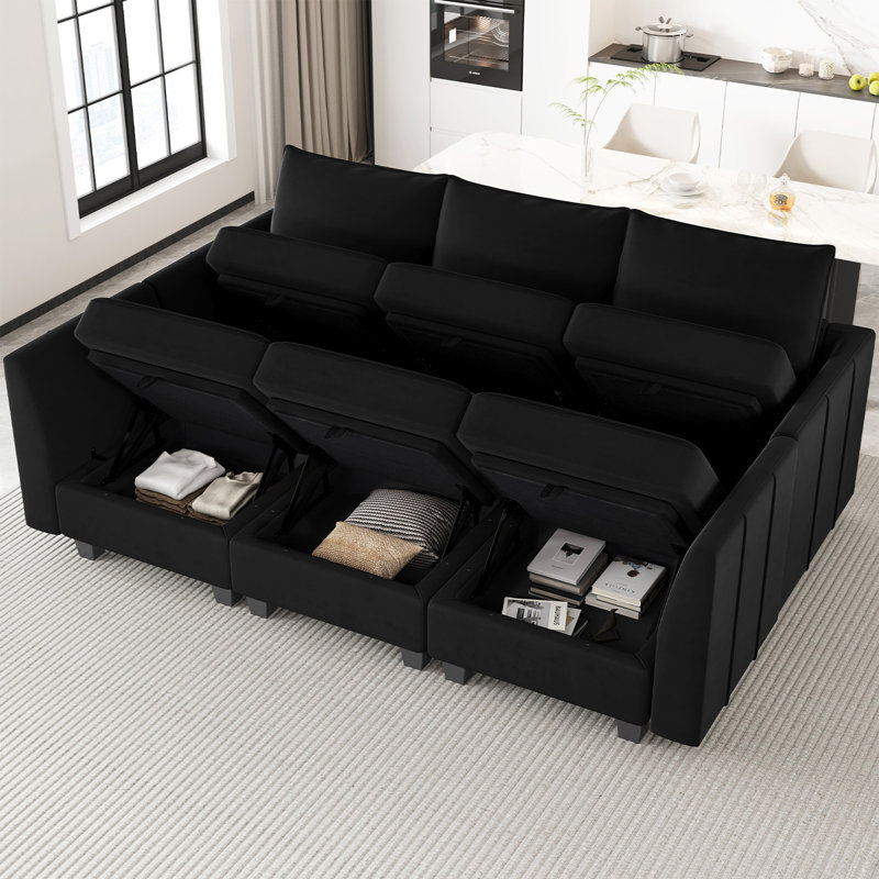 Canapé modulaire en L 7 pièces Allinson, Velours noir