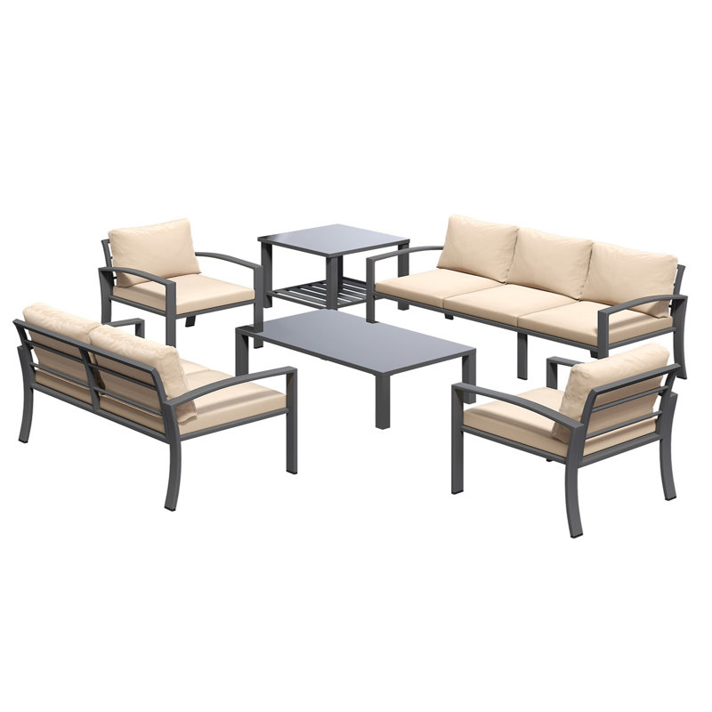 7 Seats Modern Outdoor Furniture With Coffee Table & Side Table, Beige