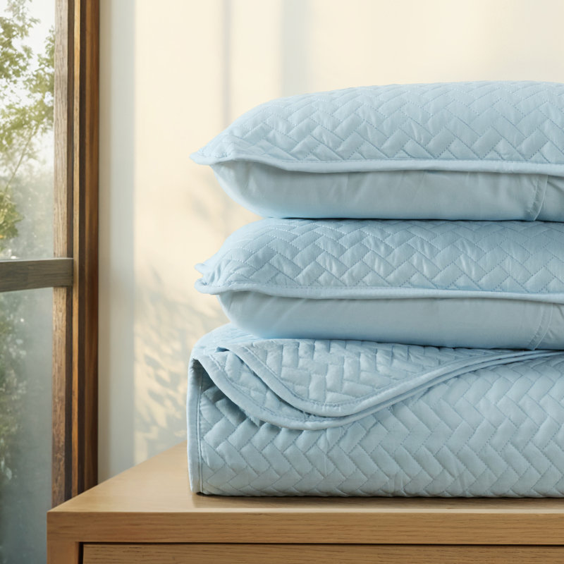 Double Brushed Herringbone Stich Pattern Quilted Coverlet Set, Pale, Twin Coverlet + 1 Sham