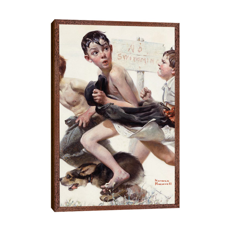 No Swimming by Norman Rockwell - Print on Canvas, 66.04cm H x 45.72cm W x 3.81cm D, Classic Brown Wood Framed