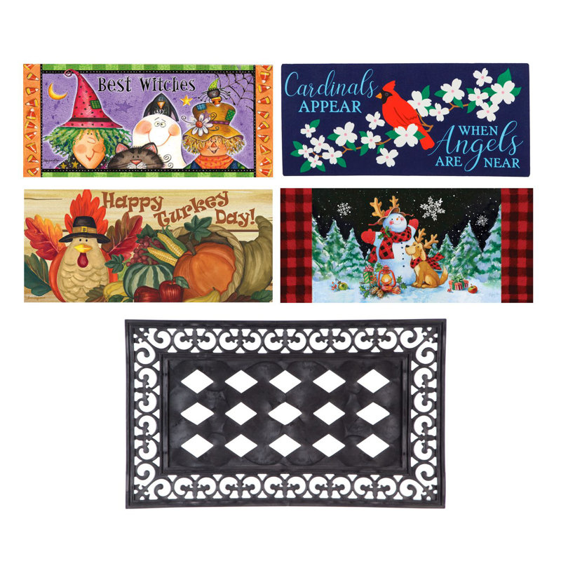 Allende Sassafras Fall Holiday Set of 5 Door Mats with Rubber Display Frame, Collection #6