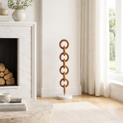 Sculptural Mahogany Wood Chain Link Statue Object For Home Decor - Modern Decorative Accent For Living Room Decoration - Gold & Ivory