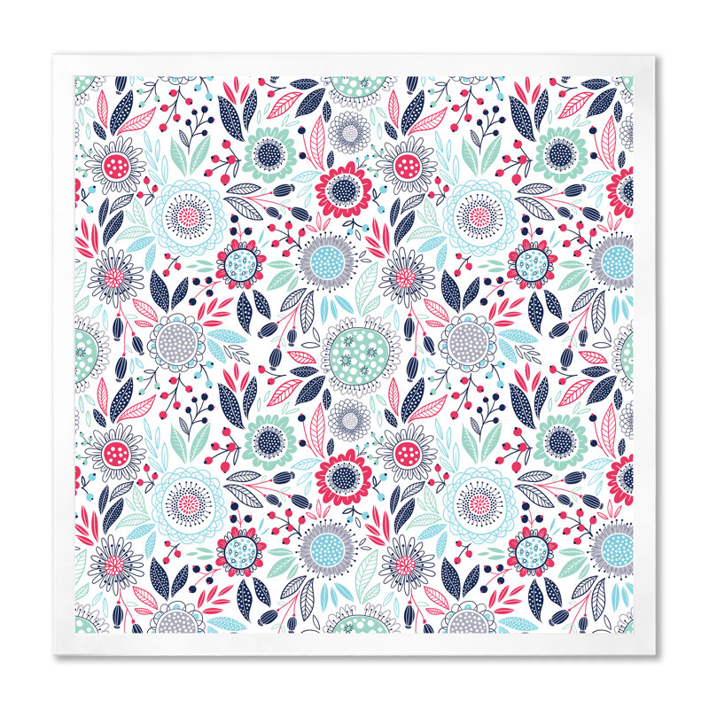 «Retro Pink and Blue Flowers», reproduction d'art sur toile à motifs, H 16 po x l 16 po, Cadre photo blanc