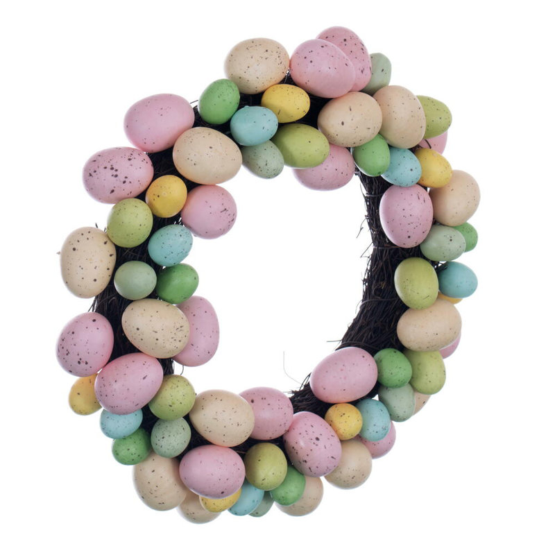 13" Artificial Pastel Easter Egg Wreath on a grapevine base.
