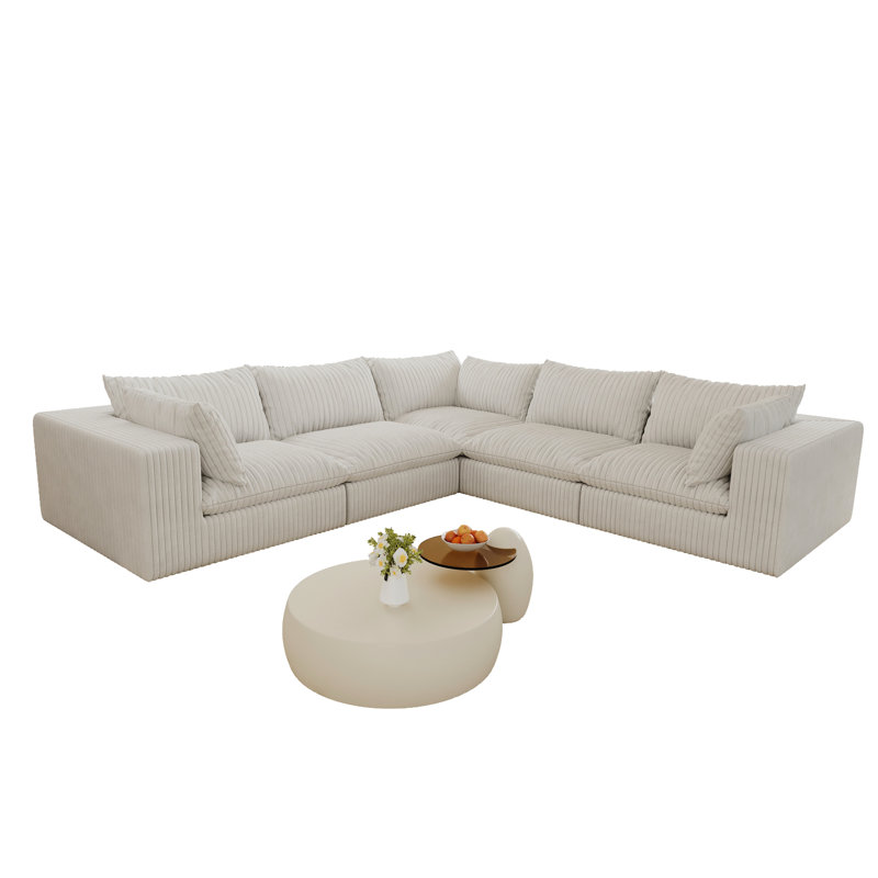 Nuage blanc à 5 places avec dimensions de produit de 118,2 po, tissu en velours côtelé, conception à deux couches, coussin amovible, sans assemblage, confort rembourré de plumes, support en éponge pure, compression à haute densité pour