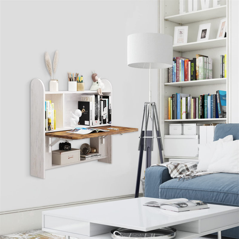 Wall Mounted Drop-Leaf Table, Floating Laptop Desk, Folding Table With Shelves, Multifunctional Computer Workstation With Storage Compartments In Home Office For Space Saving