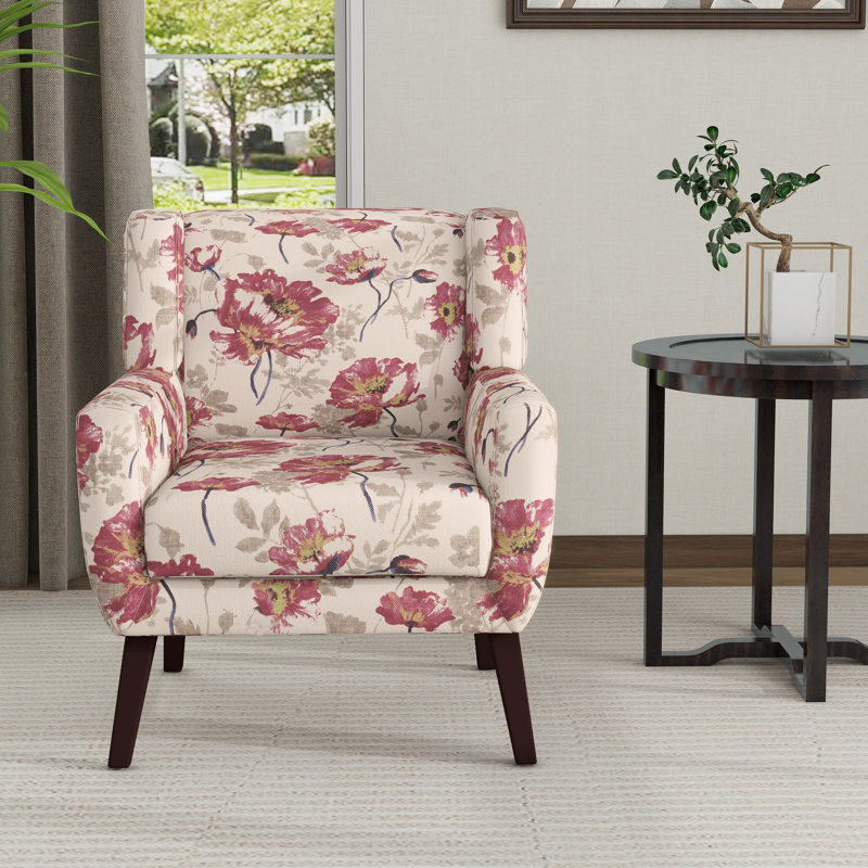Fauteuil capitonné de 27,5 po de largeur Stephanny, Mélange de lin floral blanc / rose