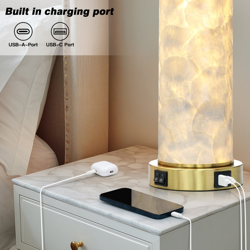 29” Shell-Inspired Table Lamp with USB Charging Ports, LED Bulbs and Nightlight, Gold