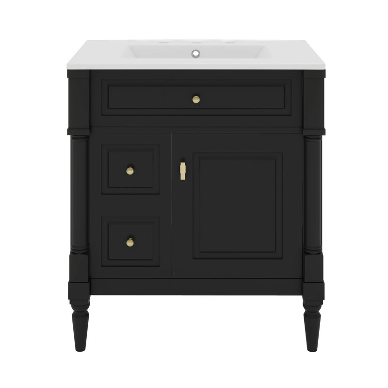 Meuble-lavabo de salle de bain avec lavabo en céramique, 2 tiroirs et rangement à porte rabattable, tablette réglable, Noir