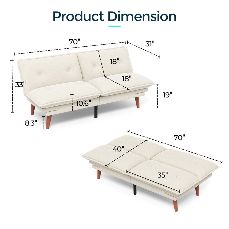 69" W Convertible Chenille Futon Couch, Mellow Beige Chenille