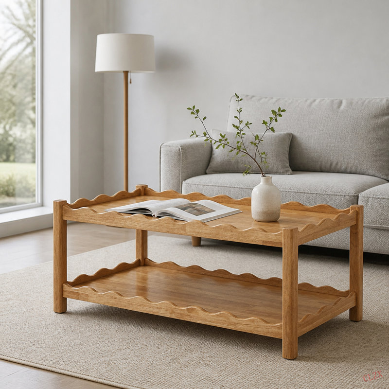 Table basse moderne à 2 niveaux pour meubles de salon, table centrale rectangulaire avec tablette de rangement ouverte, pieds en bois d'hévéa massif, stable et facile à assembler