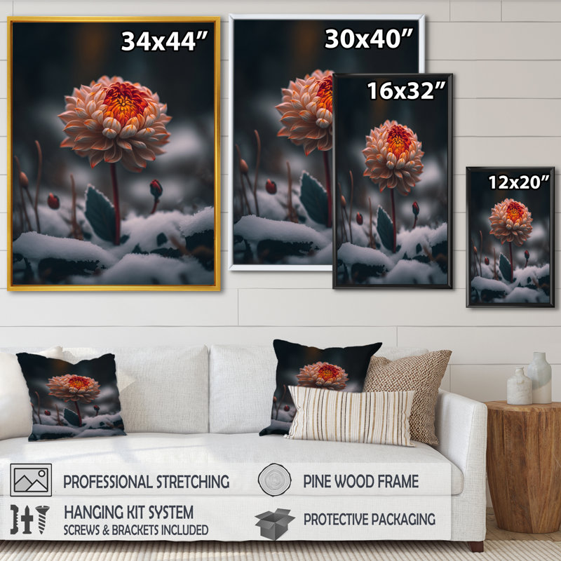 Une fleur de dahlia orange en fleurs I - impression sur toile, H 20 po x l 12 po x P 1 po, Toile avec cadre flottant noir