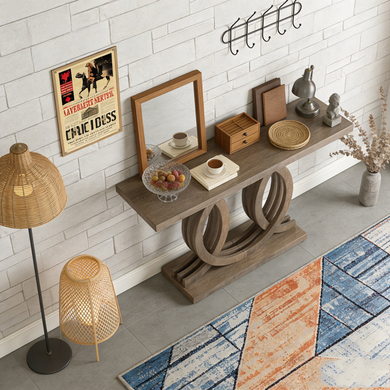 Farmhouse Hallway Sofa Table With Geometric Base, Brown