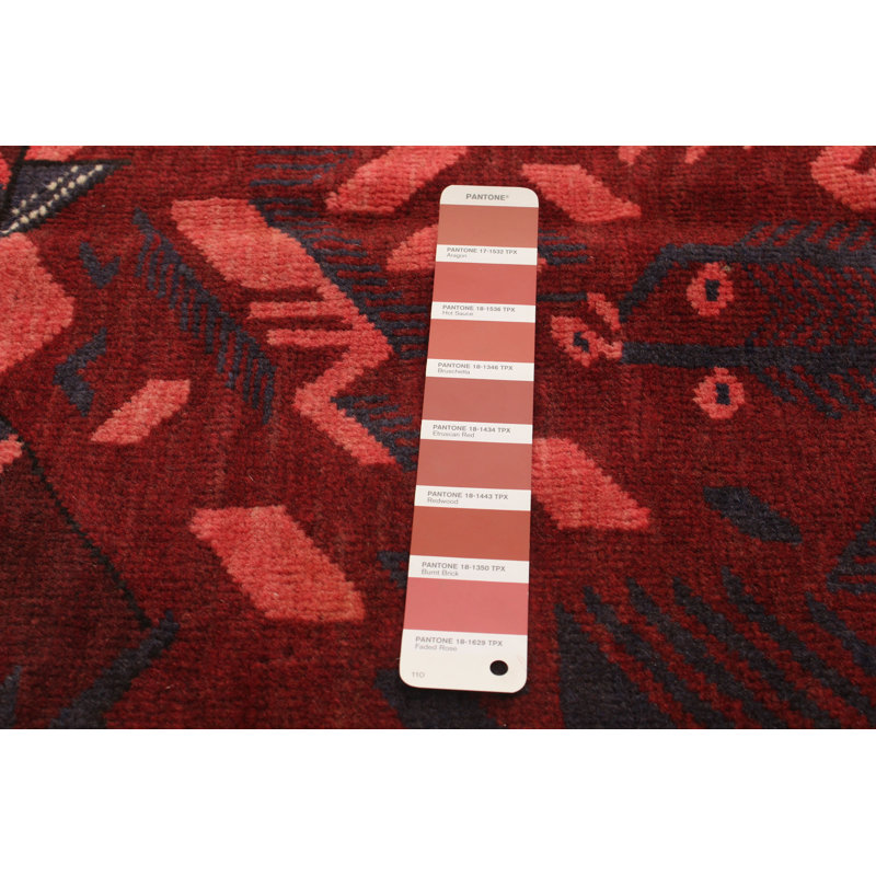 Tapis rouge foncé en laine noué à la main de conception unique 4 pi 3 po x 6 pi 5 po Haajrah