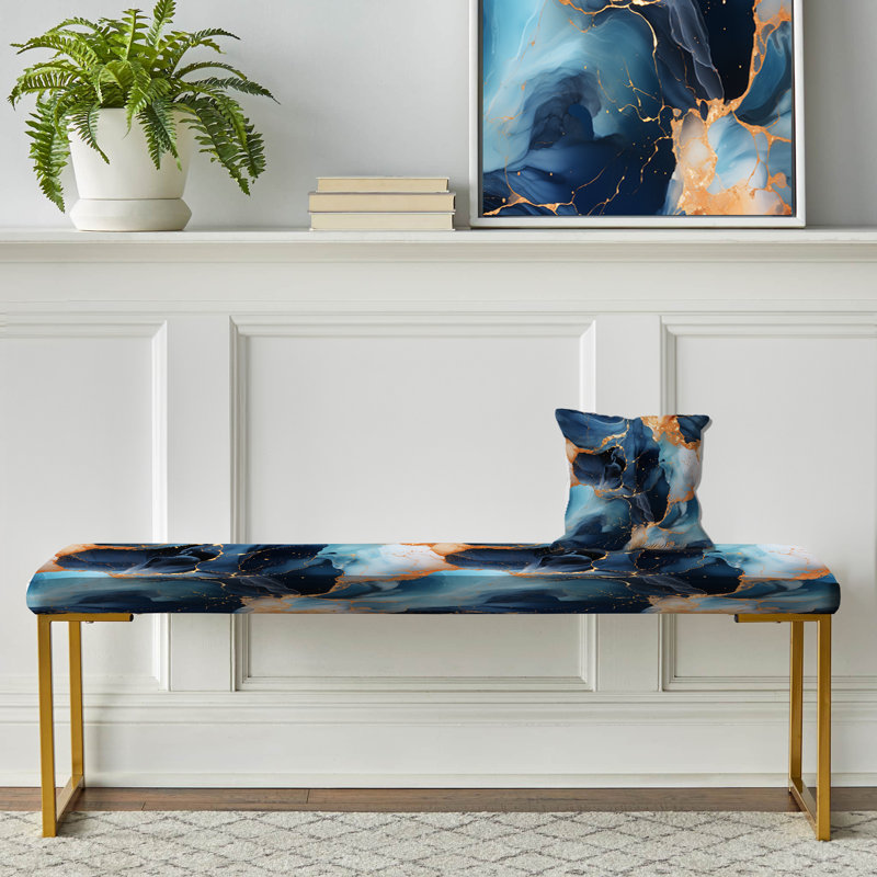 Marble Upholstered Gold Bench, Blue And Gold Celestial Radiance Marble Bliss