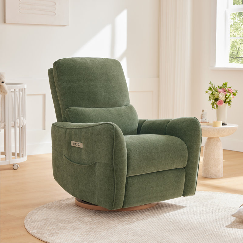 Fauteuil inclinable et oscillant moderne avec inclinaison électrique, charge USB et Type-C, poche latérale et base pivotante en bois massif