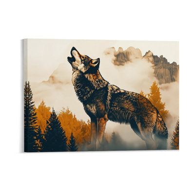 Mystic Howling Wolf, cadre en bois à l'arrière encastré, œuvre d'art murale, l 36 x L 24