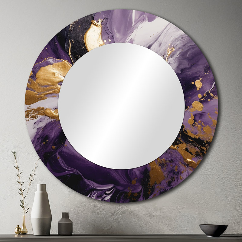 Purple and Gold Liquid Magic II - Abstract Mirror, Modern Round Unique Wall Mirror, Printed Metal Art, 36" x 36"