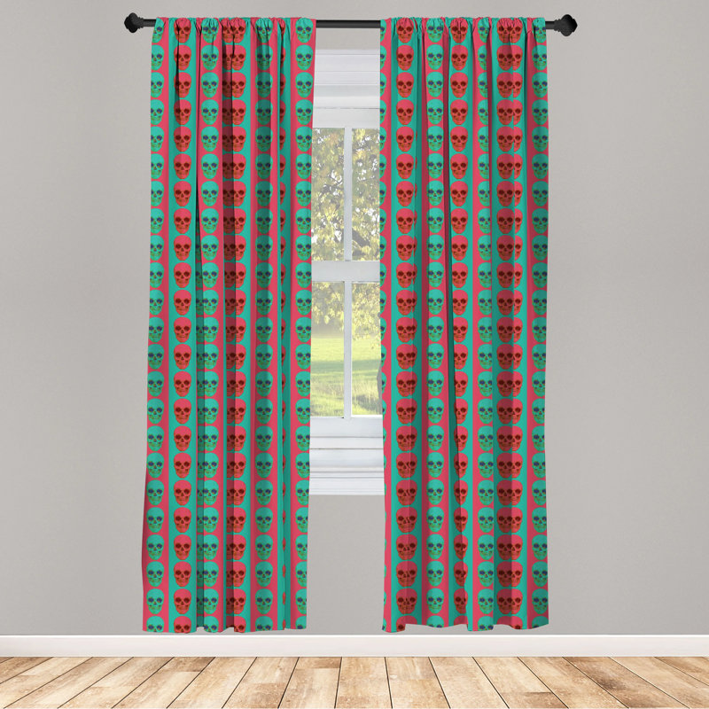 Jade Green and Magenta Skull Pattern Rod Pocket Curtains, 28" x 84"