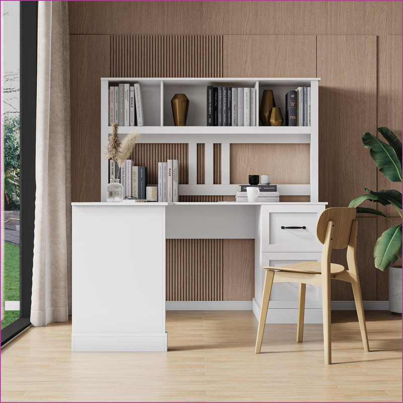 Bureaux avec huche, bureau d'ordinateur de bureau blanc antique 59,84 po avec rangement | Blanc | Panneau de fibres à densité moyenne