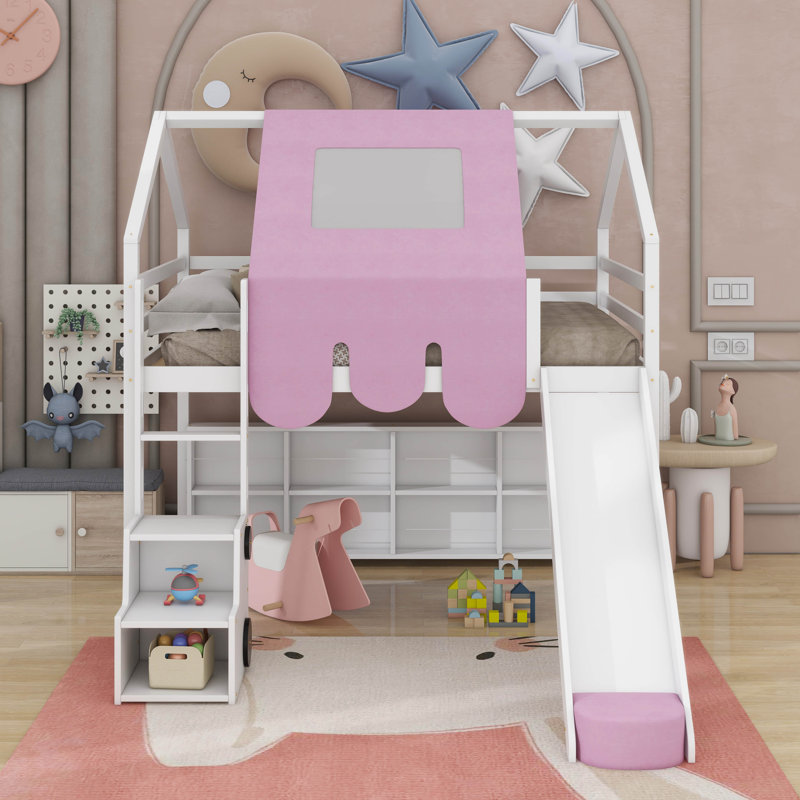 Lit simple mezzanine en bois en forme de maison avec une tente, Double, Blanc / Rose