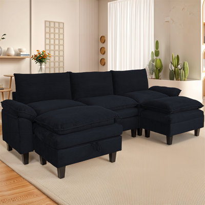Modular Sectional Sofa, Corduroy U-Shape Sectional Couch With 2 Movable Ottoman For Living Room