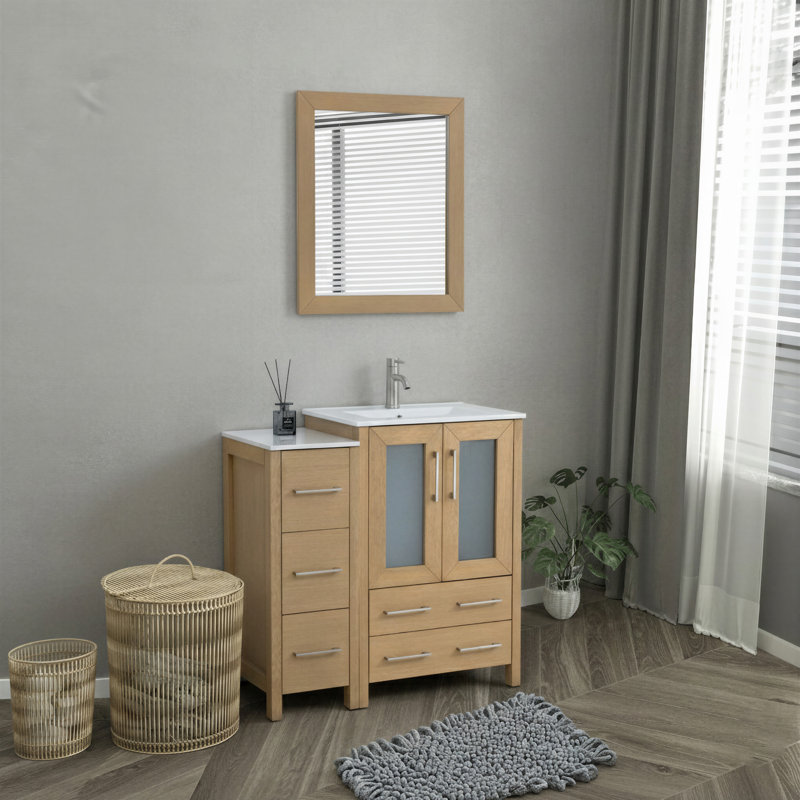 Ensemble de meuble-lavabo autoportant 36 po avec plateau en céramique et miroir assorti Brescia, Chêne naturel