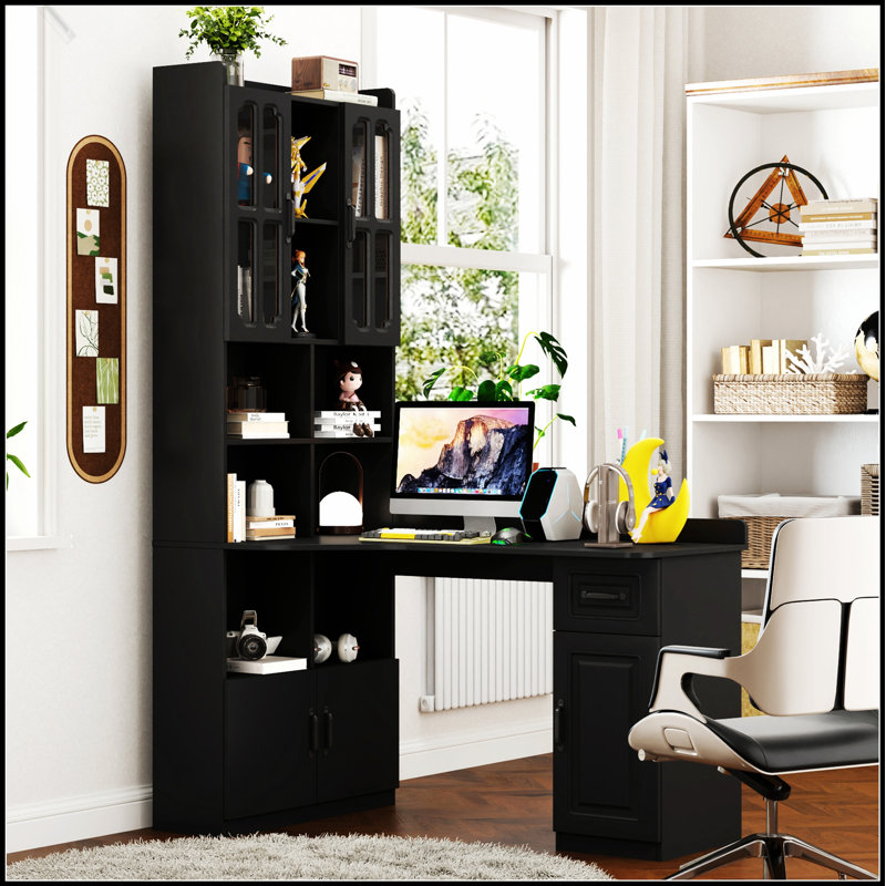 Bureau d'ordinateur de coin en L pour bureau à domicile, table d'étude de style moderne avec tiroirs, bibliothèque et huche, design 2 en 1, grand espace de travail