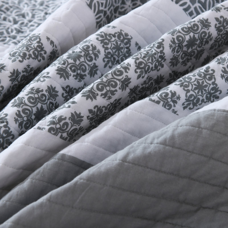 Ensemble de courtepointe 100% coton 98 po x 90 po DDUOXIN - 1 courtepointe avec 2 taies décoratives, Grand lit, Gris / Blanc