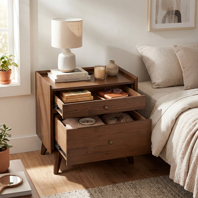  Mid-Century Sutton Walnut nightstand with two drawers and plenty of storage space (fully assembled)