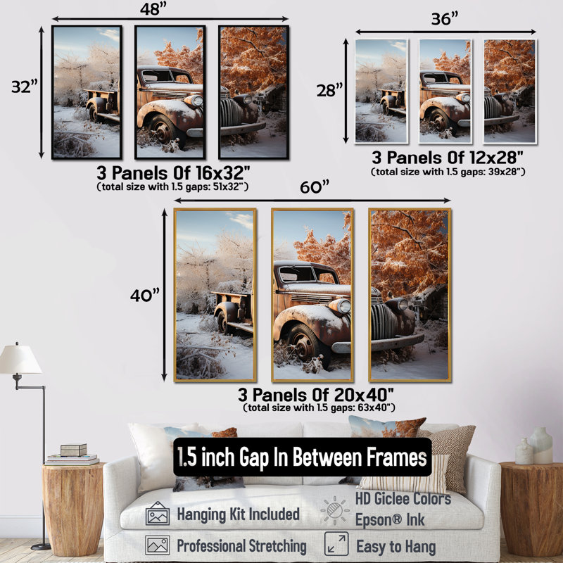 «Truck Pickup Charm In Winter I» - Ensemble de décoration murale camionnette, Cadre flottant doré, H 32 po x l 48 po x P 1 po