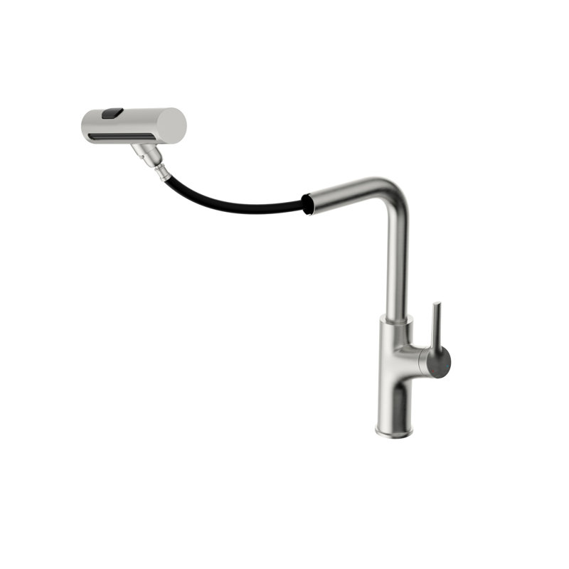 Robinet rétractable en nickel brossé 360 pour évier de cuisine avec 4 modèles de jet, fonctionnement par éclaboussures, cartouche en céramique longue durée, configuration de tous les accessoires nécessaires, finition élégante de la fonction de mise à niveau,